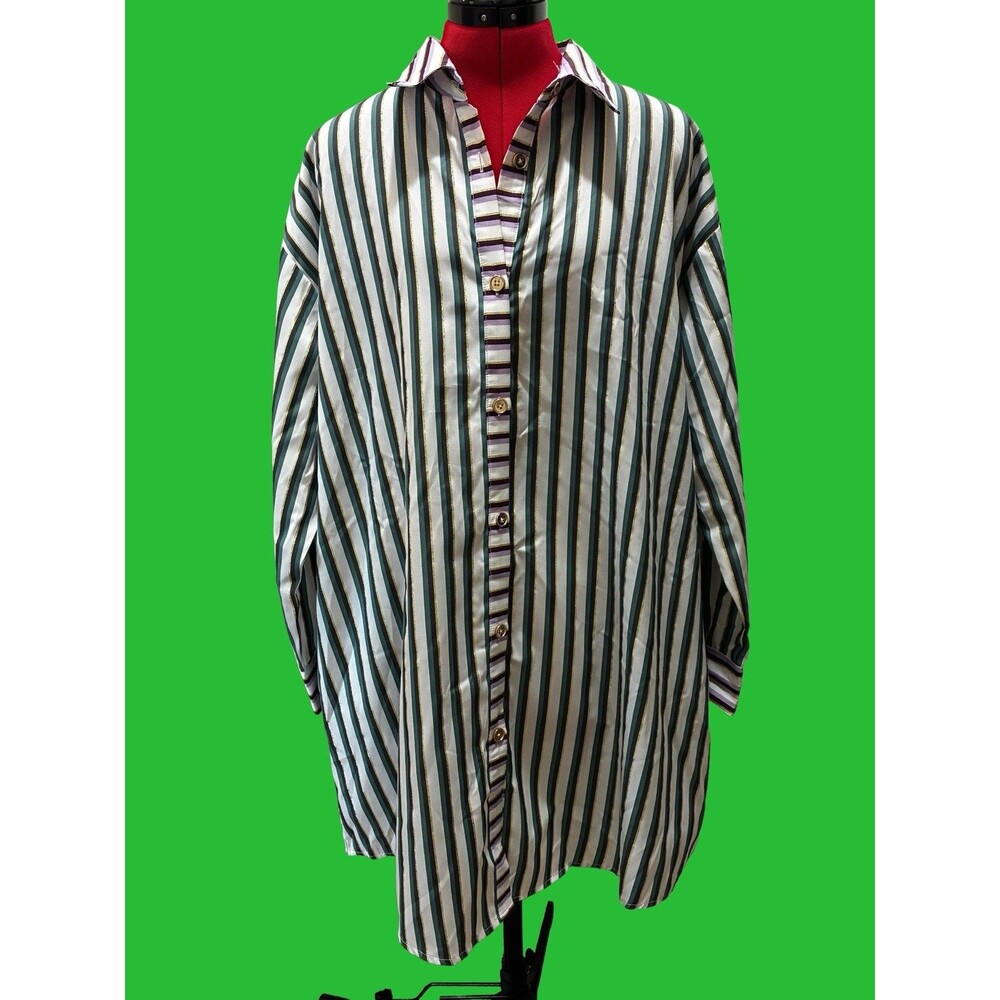 Striped Midi Shirt Dress in White and Forest Green